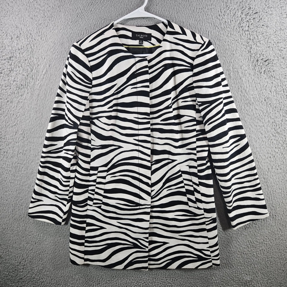 Talbots Petites‎ Zebra Print Coat Womens 8P Black White Cotton Blend Long Jacket
